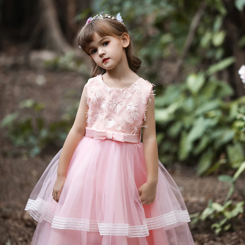 Elegant Style White Wedding Gown Exquisite Pink  Flower Girl  Dress  Kid Party Dresses for Party Birthday Girl Dresses for 12yrs