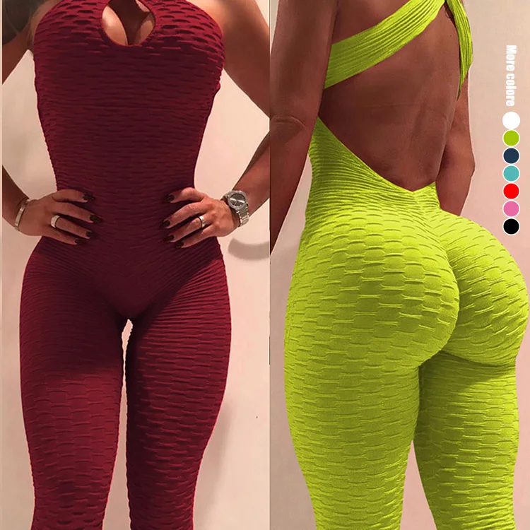
Sport Fitness Black Jacquard Show Chest Bandage Backless Bodycon Jumpsuit Women 