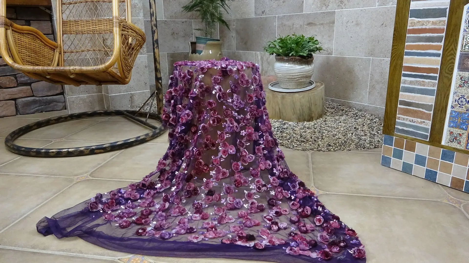 3D bead embroidery mesh rose flower PET bead embroidery mesh dress fabric