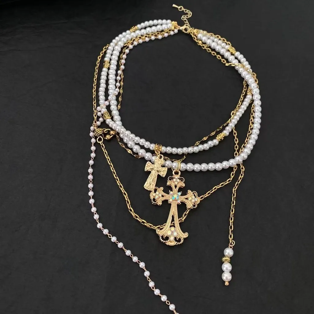 Mailard Style Pearl Beaded Multi Layered Clavicle Chains for Women Gold Cross Pendant Necklaces Jewelry
