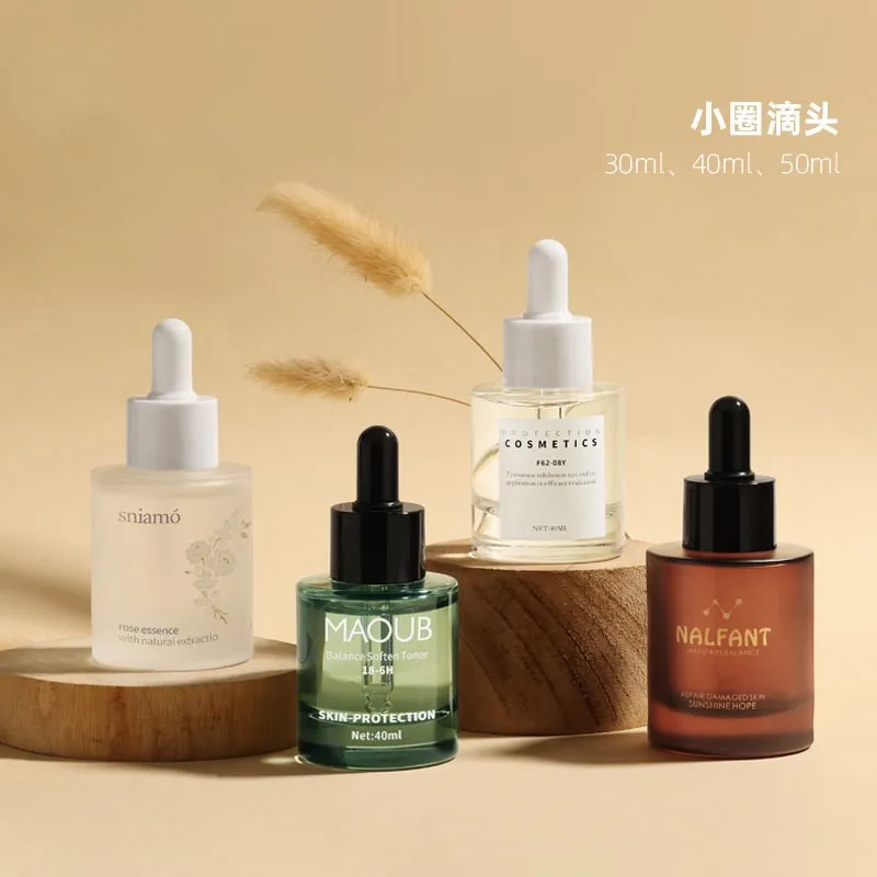 hot sale 30ml 40ml 50ml Thicken Flat Shoulder Glass Serum Bottles Transparent Cosmetic Essential Oil Dropper Bottle