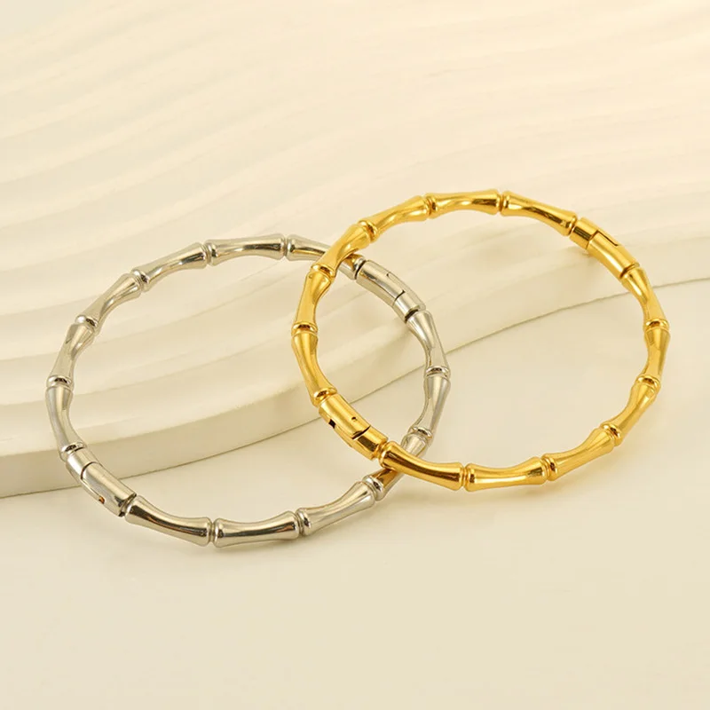 Wholesale Custom New Design Stainless Steel 18K Gold Plated Bamboo Shape Bracelet Minimalist Bangles Bracelet for Women