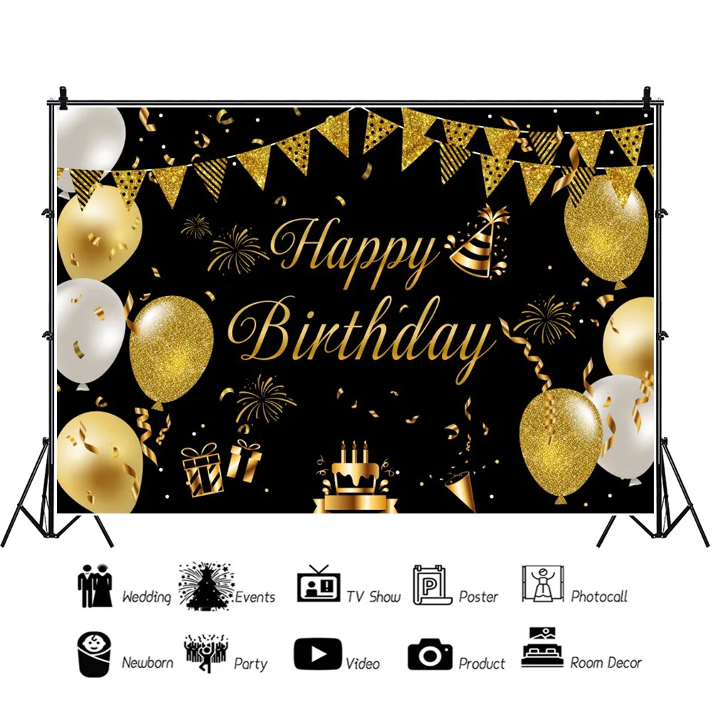 Black Gold Happy Birthday Paty Backdrop Banner Photography Background Party Decorations Supplies birthday backdrop background