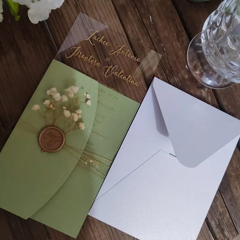 5*7Inches Gold Foil Acrylic Wedding Invitation Card with Sage Invitation Cover and Personalized Wax Seal Flower Decoration