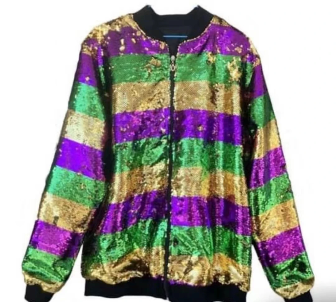 High quality Zipper Shiny Coat Green Gold Purple Sequin Jackets  Mardi Gras Sequin Jacket