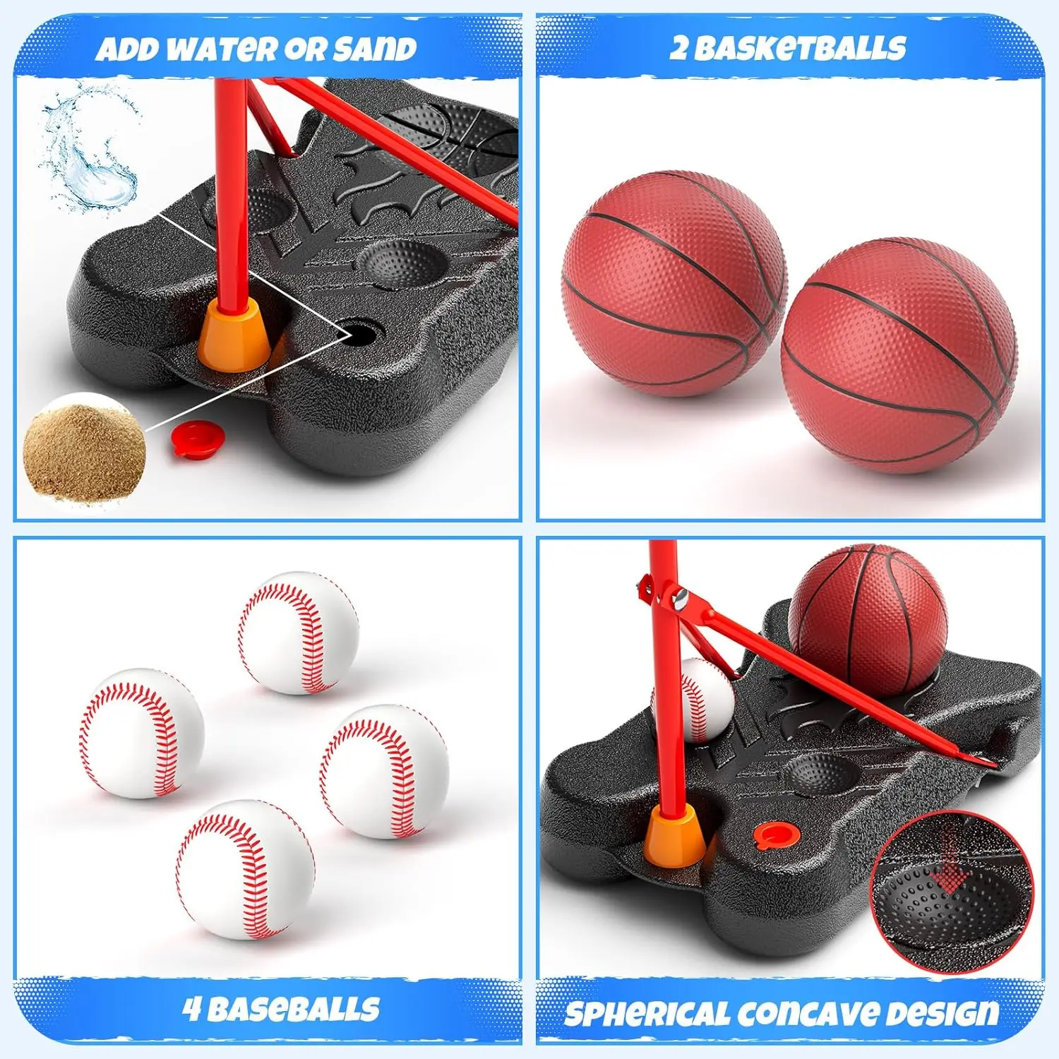 4 in 1 Kids Basketball Hoop and T Ball Set Adjustable Basket Ball Stand Hanging Tee Baseball for Toddlers Boys Toys Sports Balls