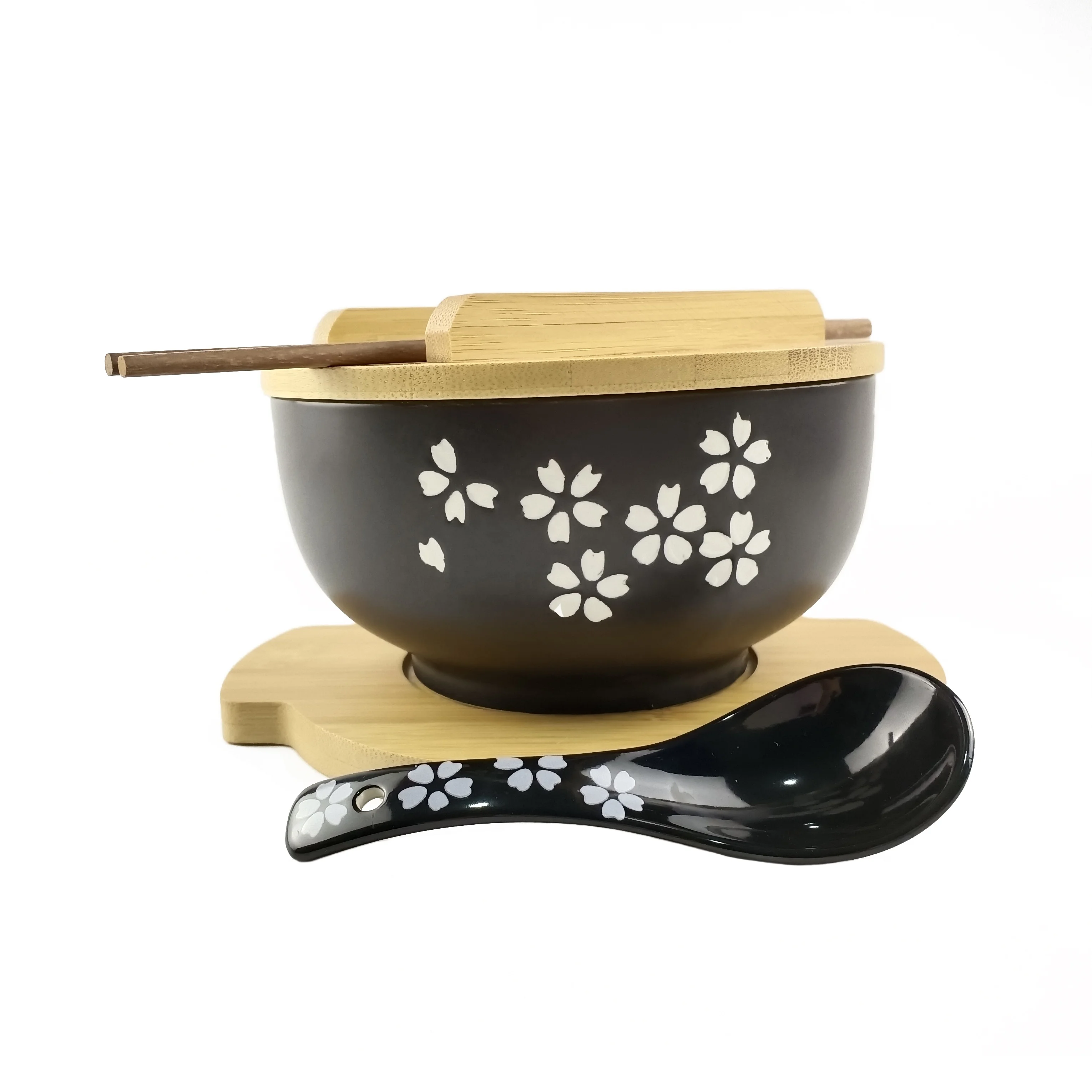 1000ML 6.25 Inch Japanese black ceramic korean ramen bowls with lid custom ramen bowls