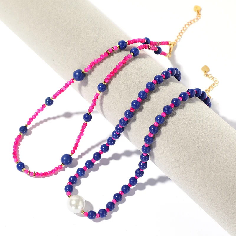 Fashion Retro Style Lapis Lazuli Colored Freshwater Pearl Beaded Necklace Handcrafted Diamond Chains Party Jewelry