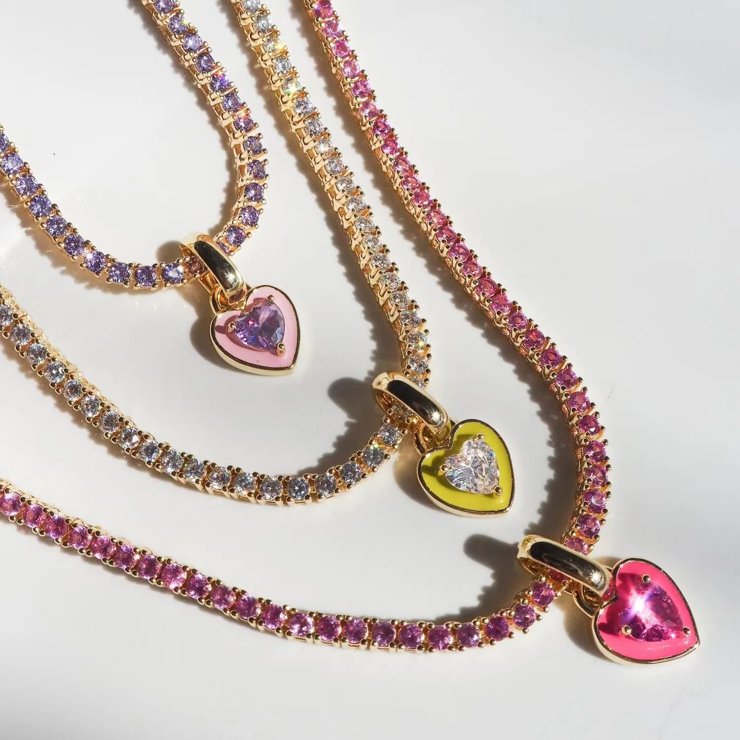Trendy Tennis Chain Colorful Zircon Necklace Epoxy Love Heart Pendant Necklace Plated 18k Gold for Women