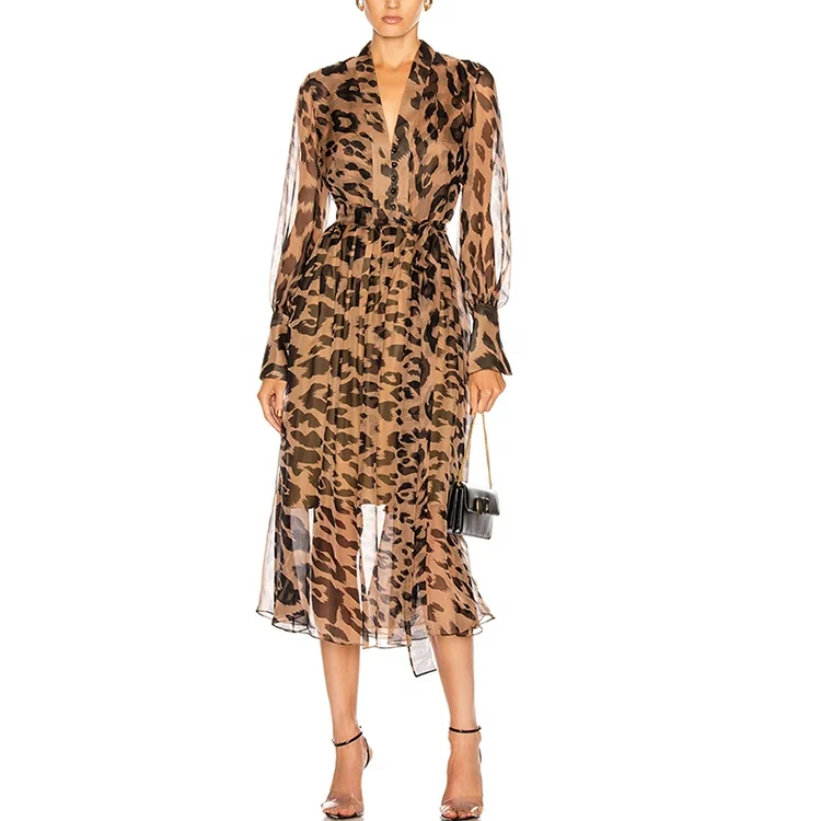 2021 New Arrival V-neck Leopard Print Transparent Casual Chiffon Dress