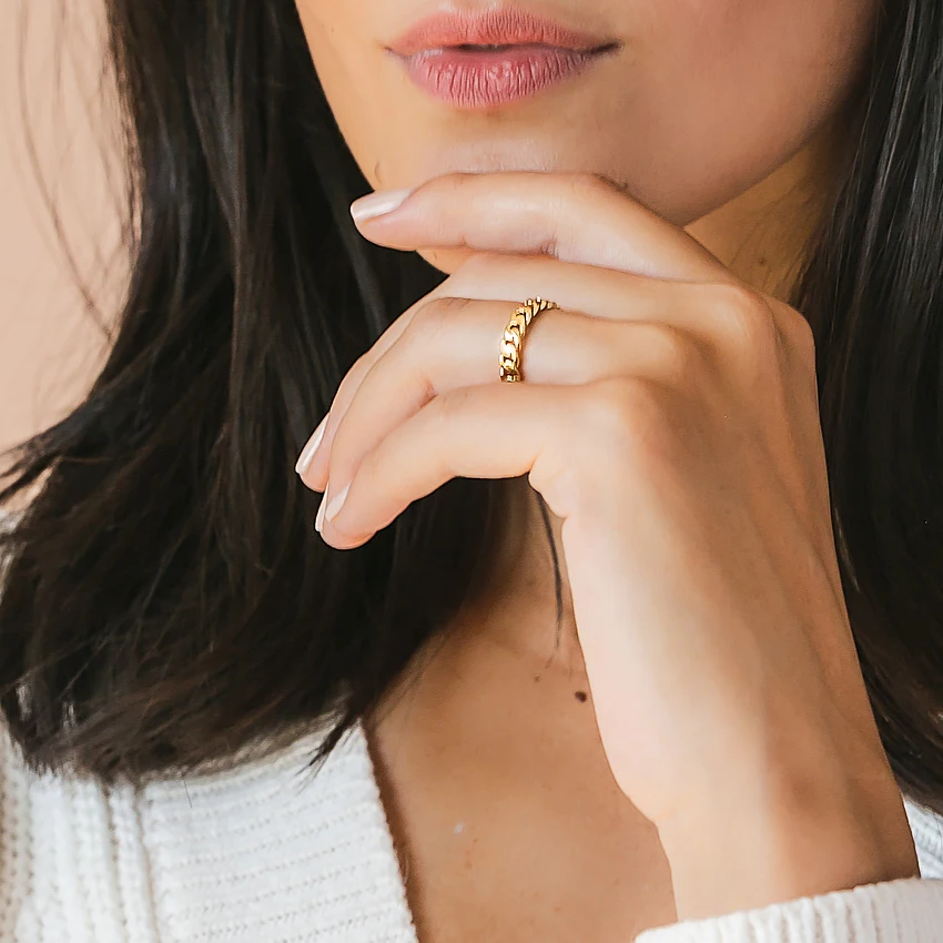 Custom Solid 9K Yellow Gold Hollow Chain Twist Ring Cuban Link Ring Miami Cuban Curb Link Ring For Men