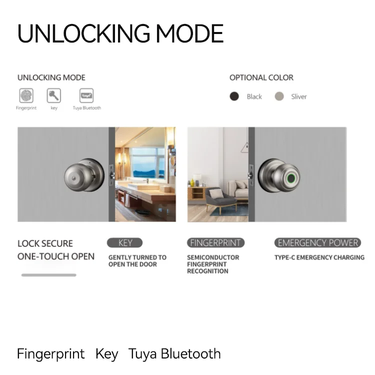 New Product Blue tooth Tuya App Fingerpriint and Key Unlock Electronic Fingerprint Smart Knob Door Lock