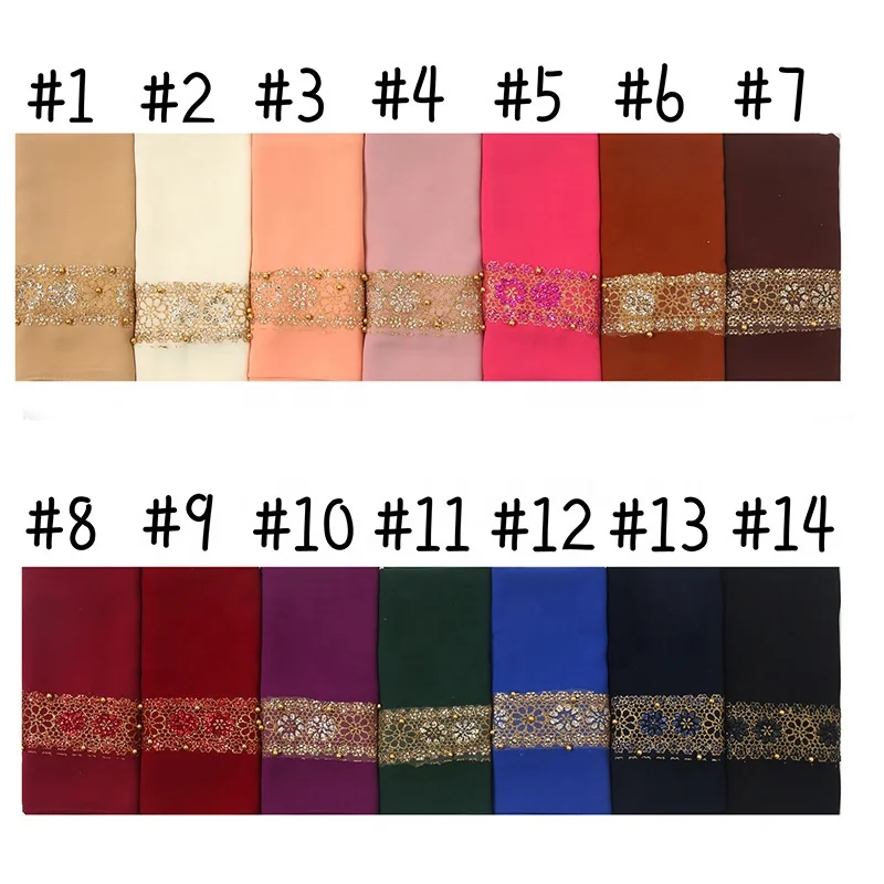 Wholesale Custom High Quality Beautiful Lace Plain Color Chiffon Hijab With Pearl Luxury Gold Stamping Hijab Scarf