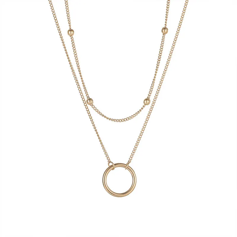 N042-002 Halo two layers ins style round charm simple chain necklace stainless steel gold