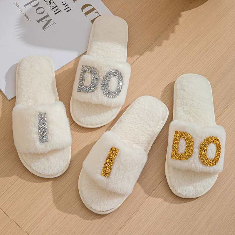 Popular Design Open Toe Plush Fluffy Slippers Customized Logo Bride Wedding Slippers