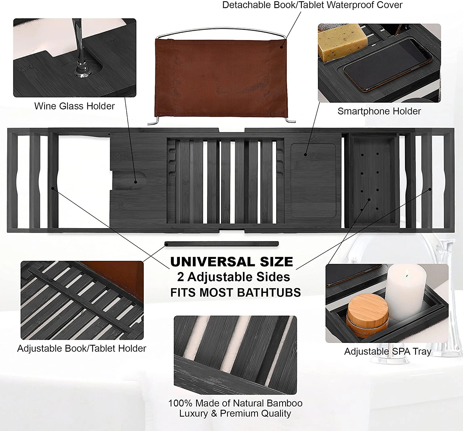 Fashion Luxury Multifunction Expandable Bamboo Wood Caddy Bath Tub Bathtub Tray