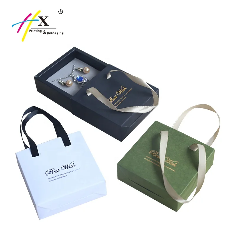 Drawer Design Paper Box Ribbon Carrying Handle Custom Logo High End Gift Packaging Necklace Ring Earring Jewelry Packaging Box