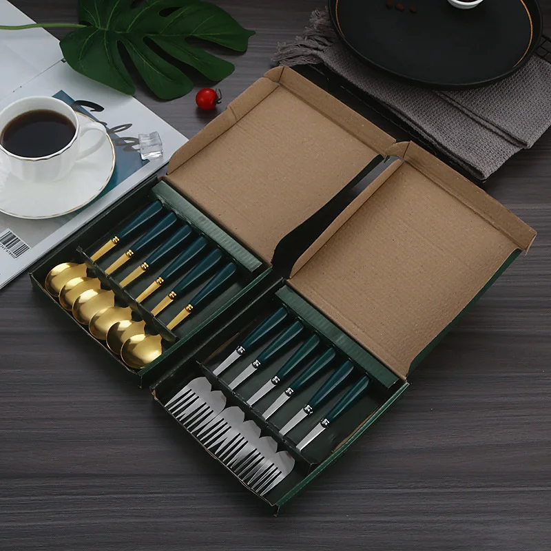 T1211 Stainless steel light luxury spoon fork dessert spoon thick long handle gift box set tableware