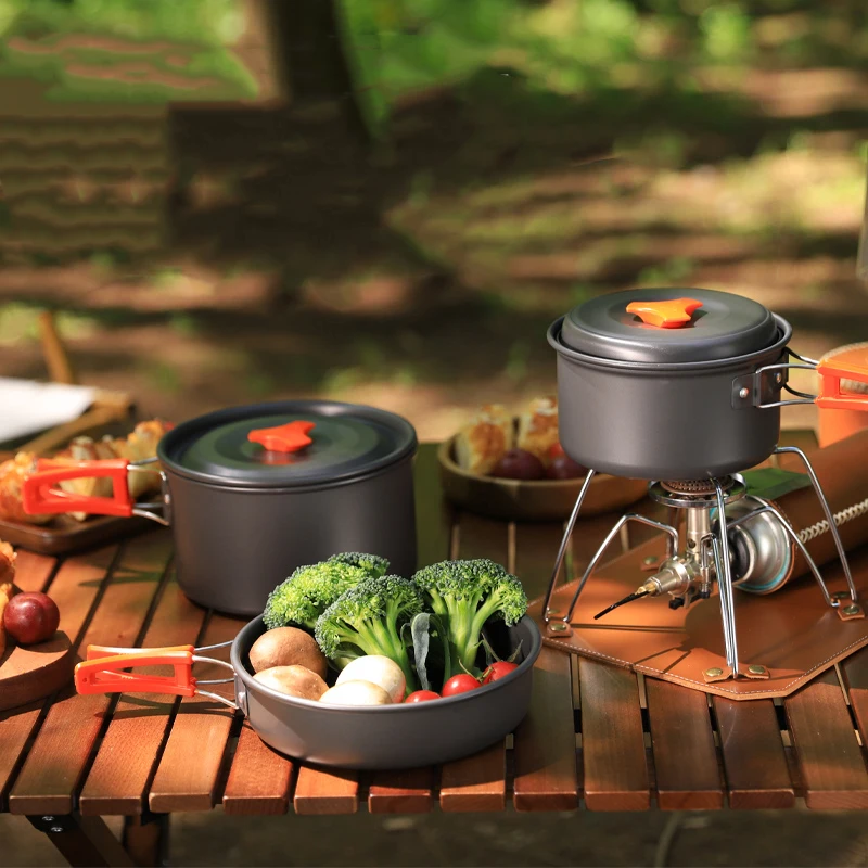 3-piece cookware set 2-3 person camping cooking outdoor portable aluminum travel tableware set