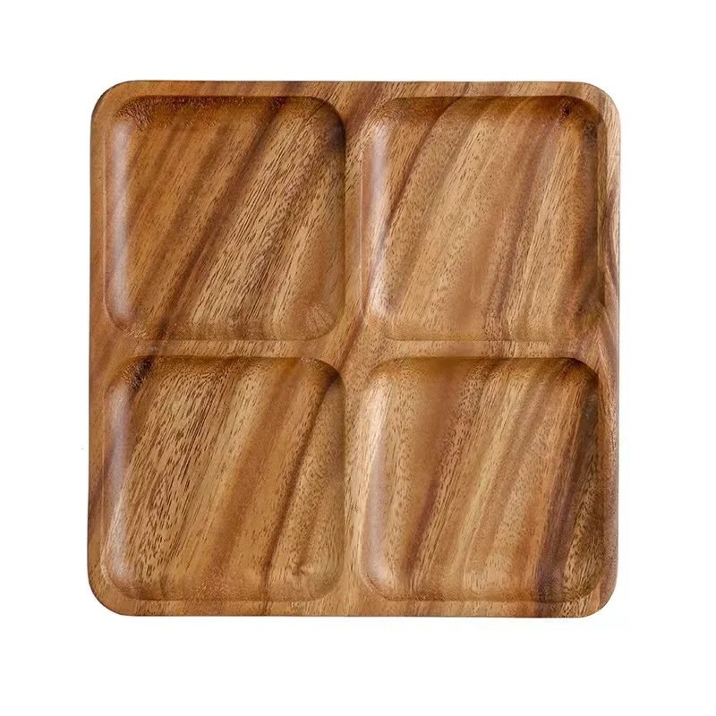 DIY Wooden serving plate,4 compartment divided snack tray, square acacia wood plate