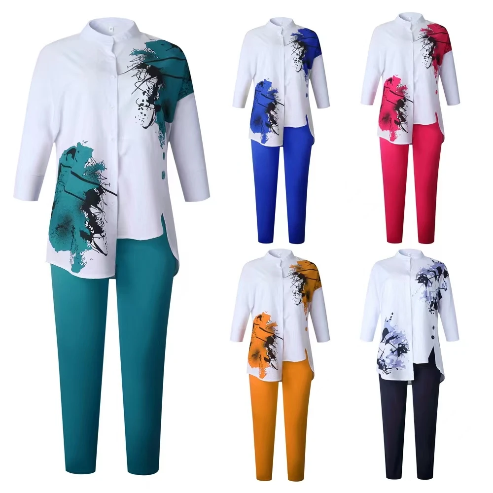 2 Piece Sets African Sets For Women New African Print Elastic Bazin Baggy Pants Rock Style Dashiki Sleeve Famous Suit For Lady