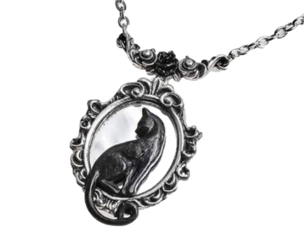 New product direct selling Gothic Feline Felicity Necklace Black Cat Framed Mirror Pendant Unisex Accessories