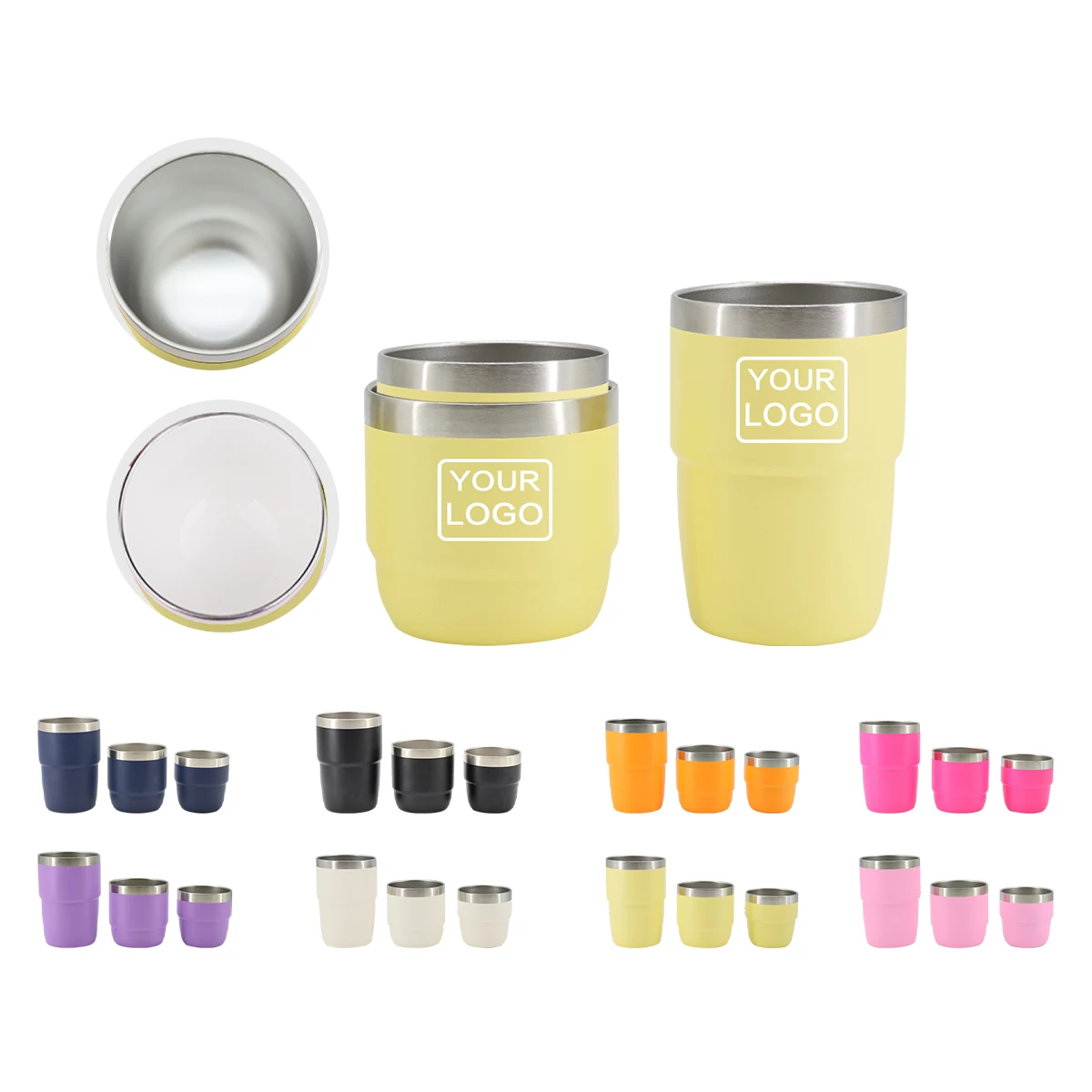 Custom Logo Yellow 3in1 Ceramic Stackable Shot glasses Coffee Cup 4oz 6oz 8oz Stainless Steel Mug Mini Wine Tumbler Cup with Lid