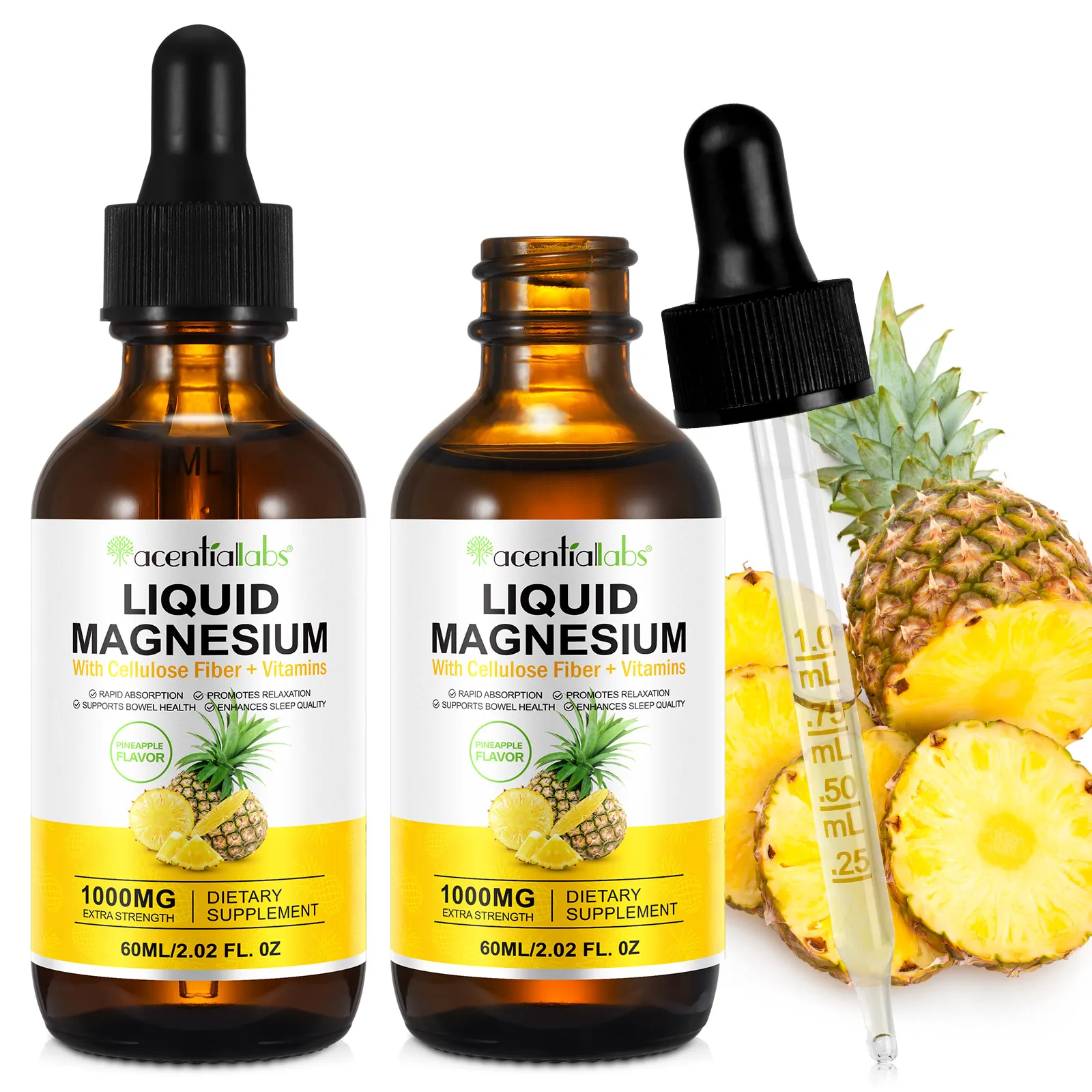 Acentiallabs 60ml liquid magnesium magnesium glycinate 500mg supplement liquid drops with cellulose fiber vitamins