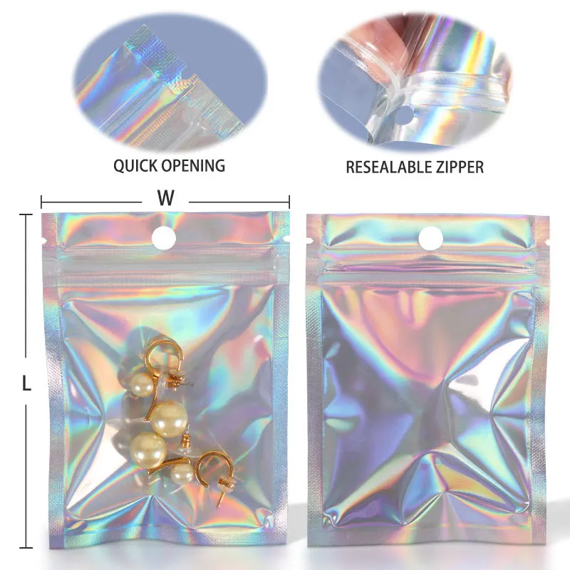 Moq 100Pcs Wholesale Holographic Foil Plastic Small Business Resealable Zip Lock Candy Makeup Jewelry Packaging Bag