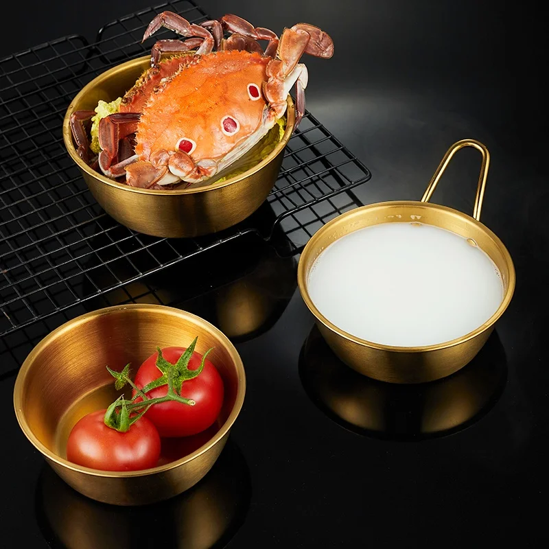 Korean Style Stainless Steel  304 round Rice Wine Bowl Noodle Hotel Barbecue Camping with Handle Gold Silver food kitchen basin