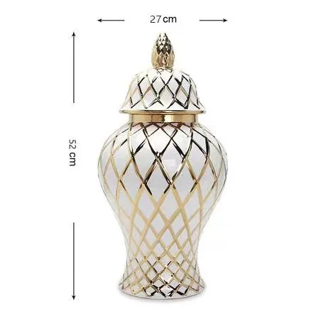 Home Decor Custom Wholesale Glazed White Electroplated Line Golden Ceramic Ginger Jar Flower Vase With Lid