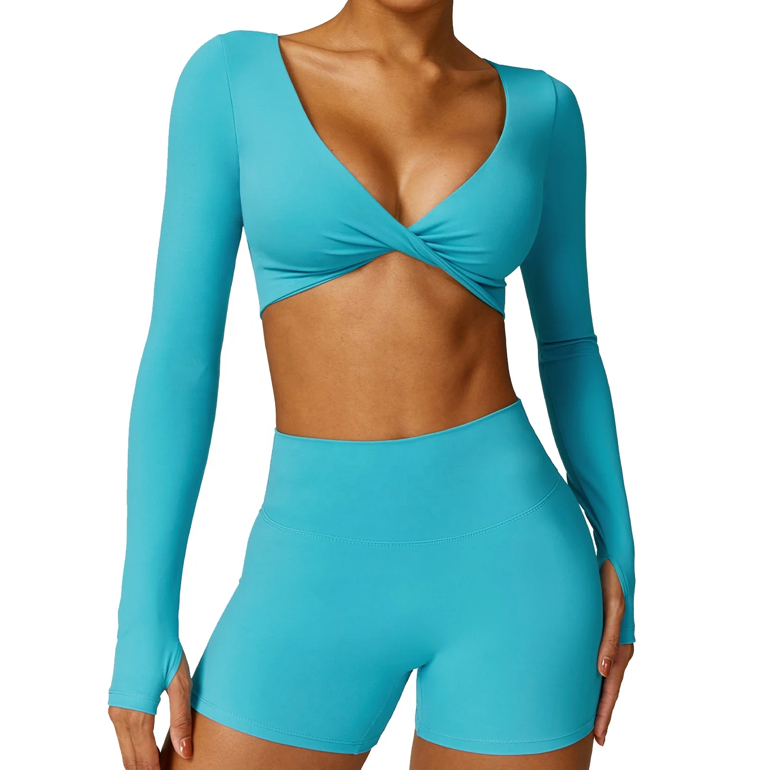 Women Long Sleeve Compression Stretchy Lightweight Crop Twist Yoga Tops