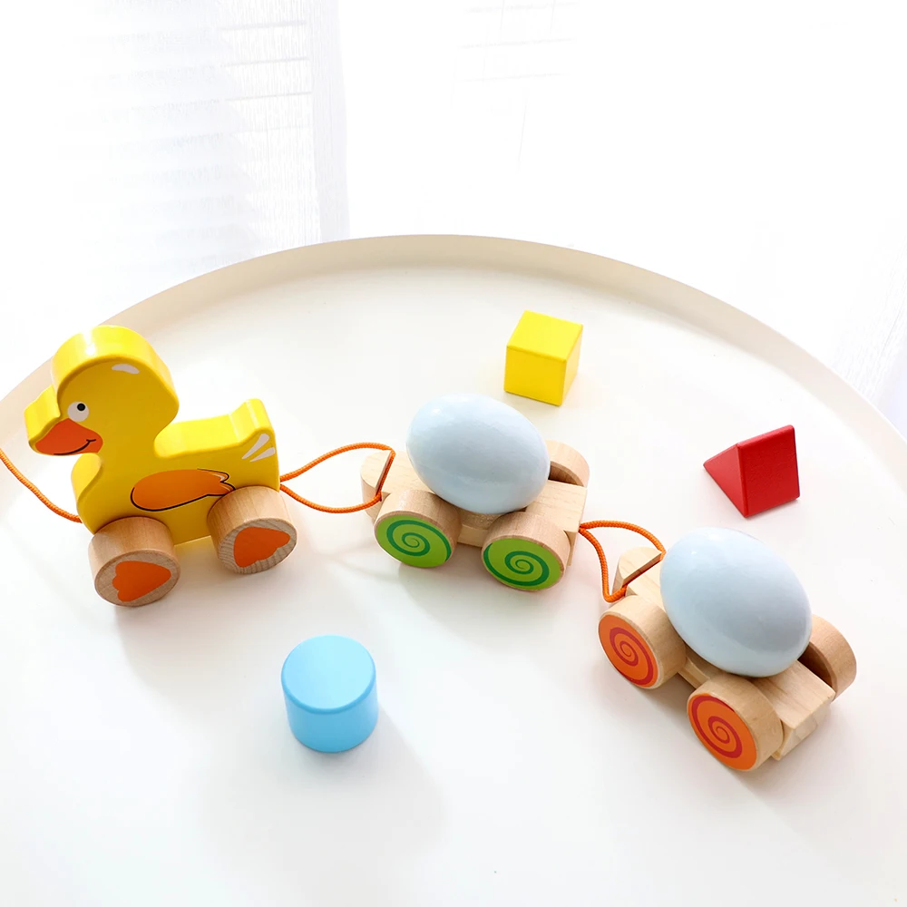 Baby Pull Along Pull String Duck String Line Hand Push Pull Rope Dragging Wooden Animal Cart Toy