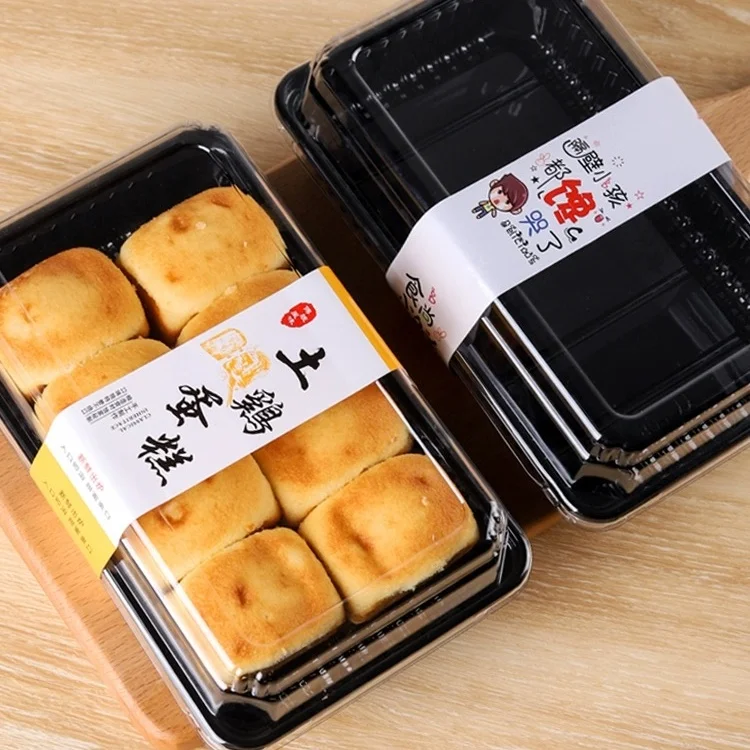 Transparent Cover with Black Bottom Rectangular Dessert Bread Blister Baking Packaging Box for Food Cake