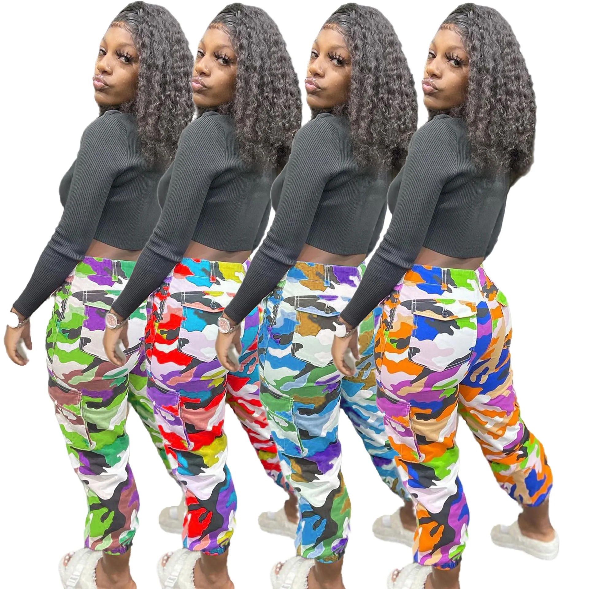 
Women camouflage printed pocket cargo pants ladies trousers jogging sweat pants 