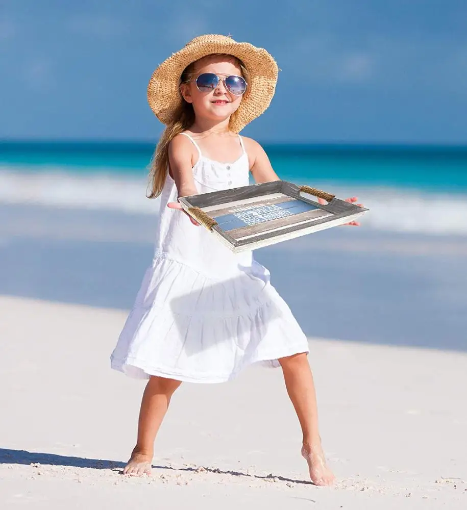 
Nautical Wooden Ocean Breeze Beach Theme Decor Real Natural Wood Handcrafted Hand Painted Aqua Sky Serving Tray 