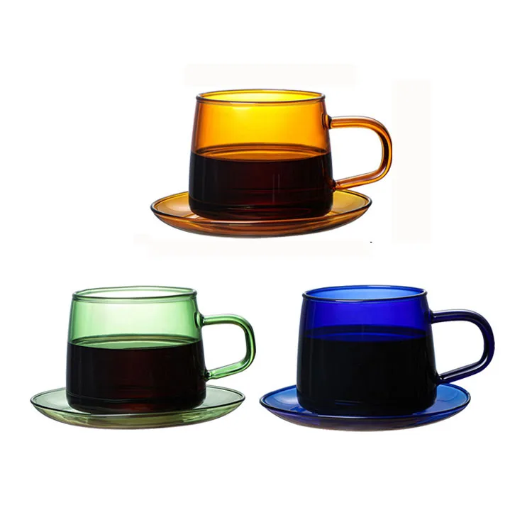 Heat Resistant Borosilicate Colored Glass Drinking Glass Coffee Mug 300ml Glass Coffee Cup  With Saucer