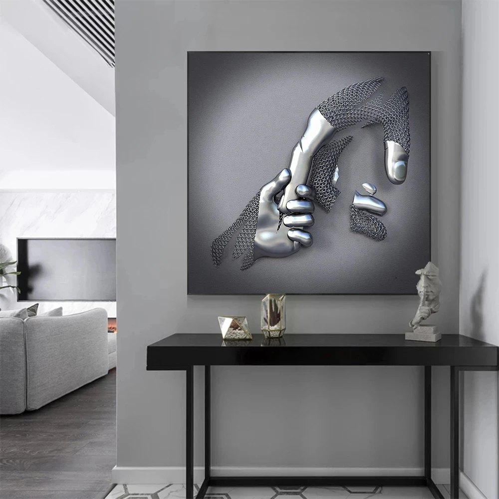 Nordic Couples Metal Figure Statue Abstract Art Canvas Painting Lover Sculpture Wall Hanging Painting for Living Room Home Decor