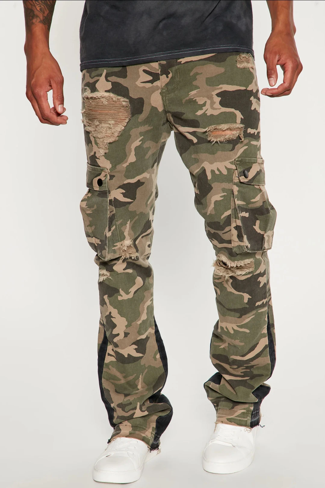 KY Distress Custom Camo Flare Pants Men Cargo Pants Manufacturer Patchwork Camouflage Pants for Men 7