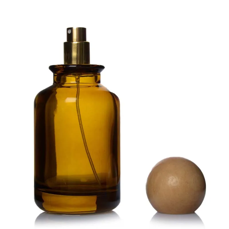 Amber Bottle 30ml 50ml 100ml Round Glass Empty Perfume Bottle With Wood Ball Lid