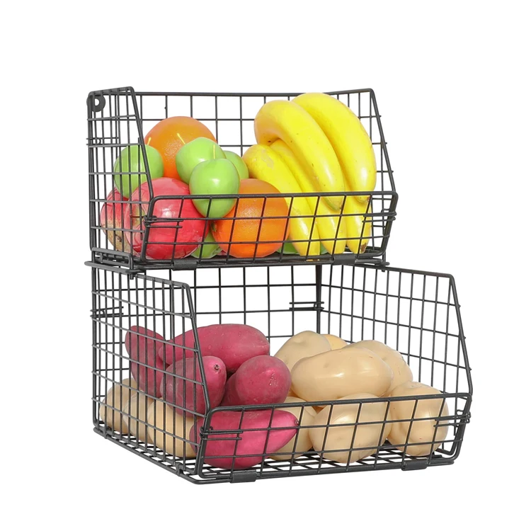 Kitchen Countertop 2 Tier Fruit Basket Fruit Veggies Snack Rack Metal Fruit Storage Basket
