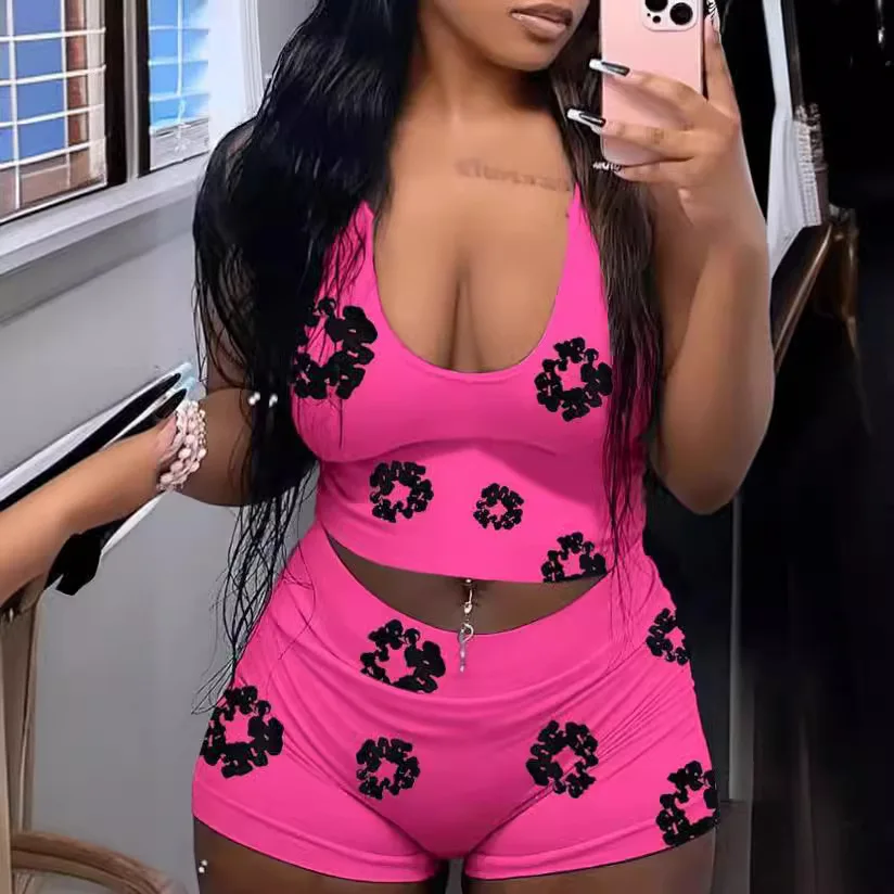 X12981C print shorts 2 pieces sets tracksuits women halter vest and tight shorts matching suits streetwear