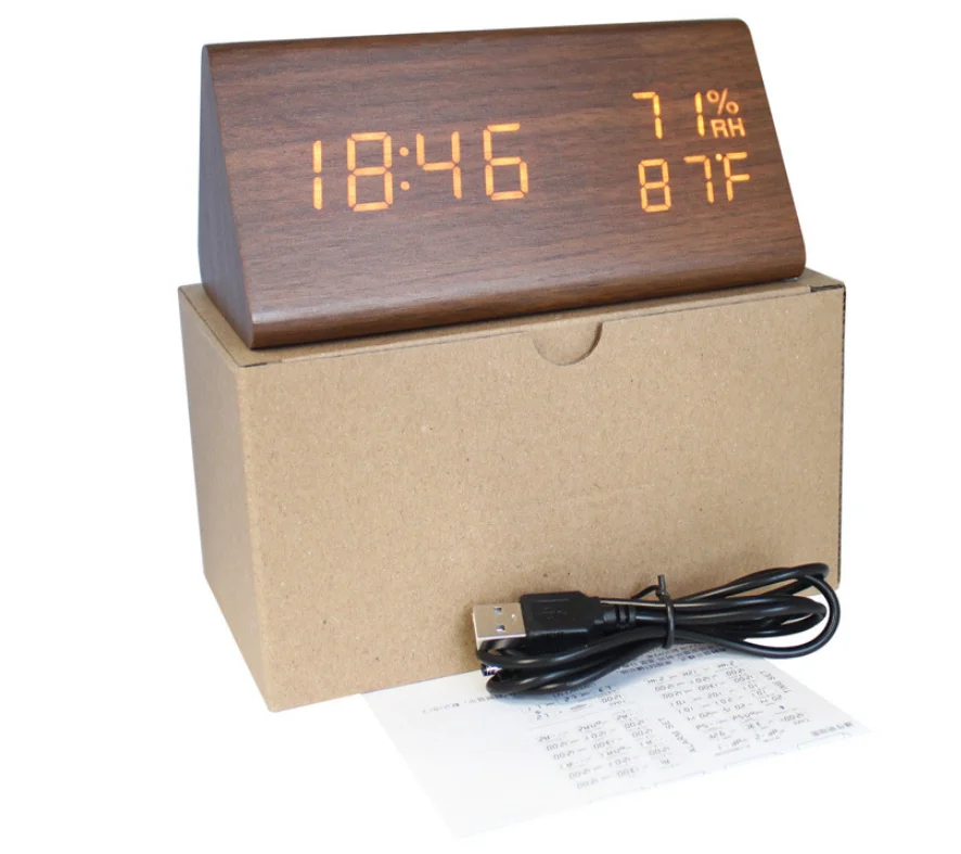 Amazon Hot Sale Desktop digital LED wooden table clock and alarm clock with temperature display