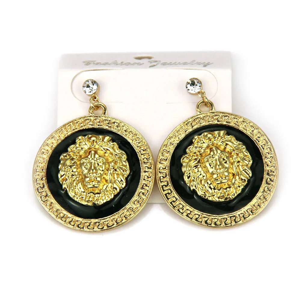 Gold Lion Head Stud Earrings Women Punk Trendy Crystal Colored Enamel Fashion Basketball Wives Cocktail Costume Jewelry