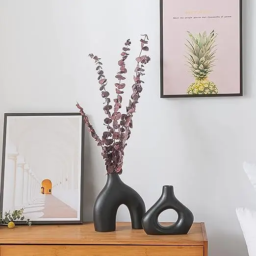 Set of 2 Ceramic Vase for Pampas Round  Neutral Boho Matte White Ceramic Vase Modern Nordic Minimalism Style Donut Vase