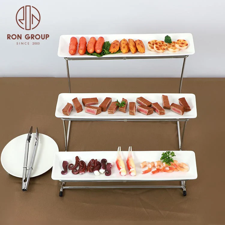 Restaurant hotel catering party tools snack 3 tier ceramic dish with iron rack serving fruit buffet food display stand