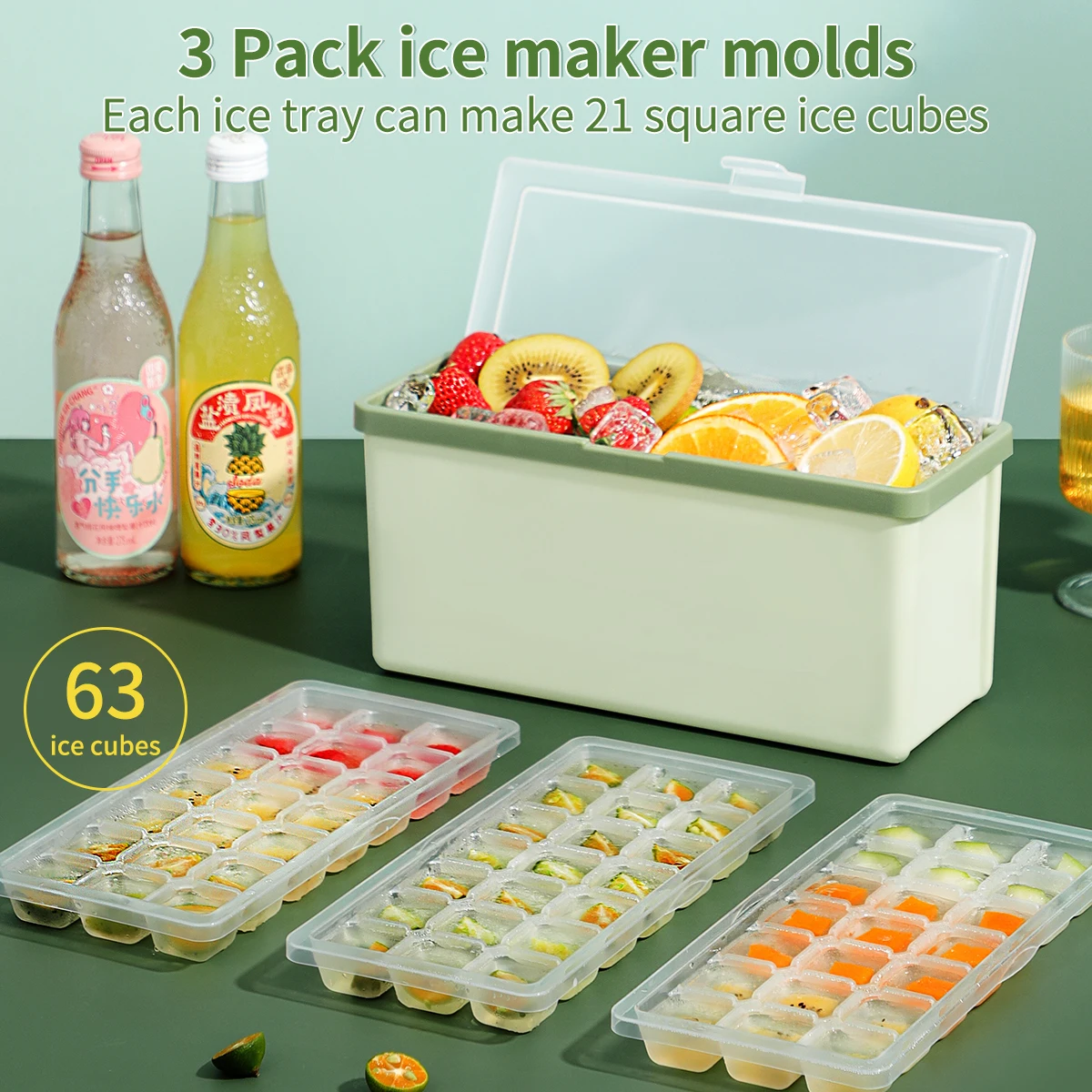 3 Layer Plastic Ice Cube Trays and Ice Cube Storage Container Set with Locking Lid 3 Packs