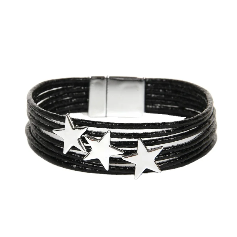 Multiple Layer Star Charms PU Leather Handmade Magnetic Clasp Bracelet for Women Jewelry Gift