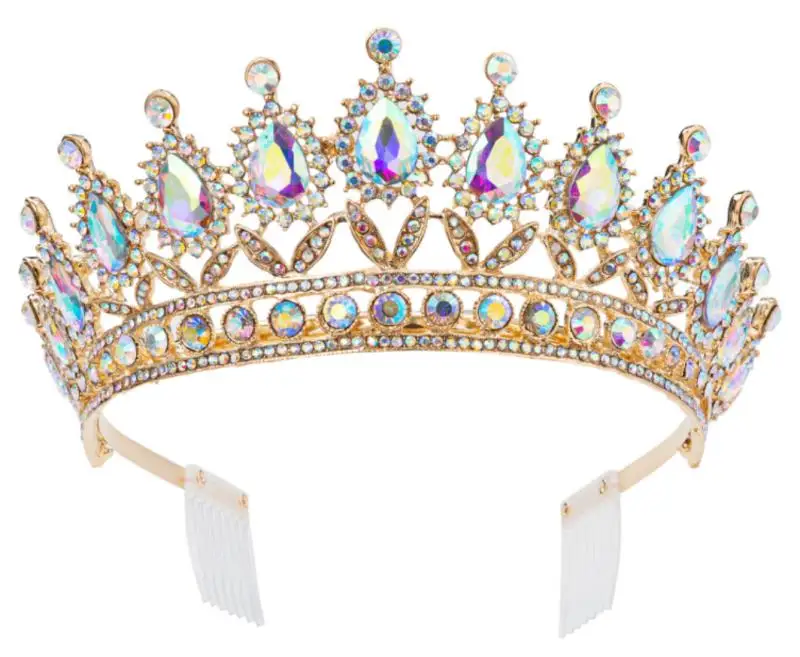 LUOXIN New Baroque Big Rhinestone Crystal Beaded Luxury gold Tiara for Wedding