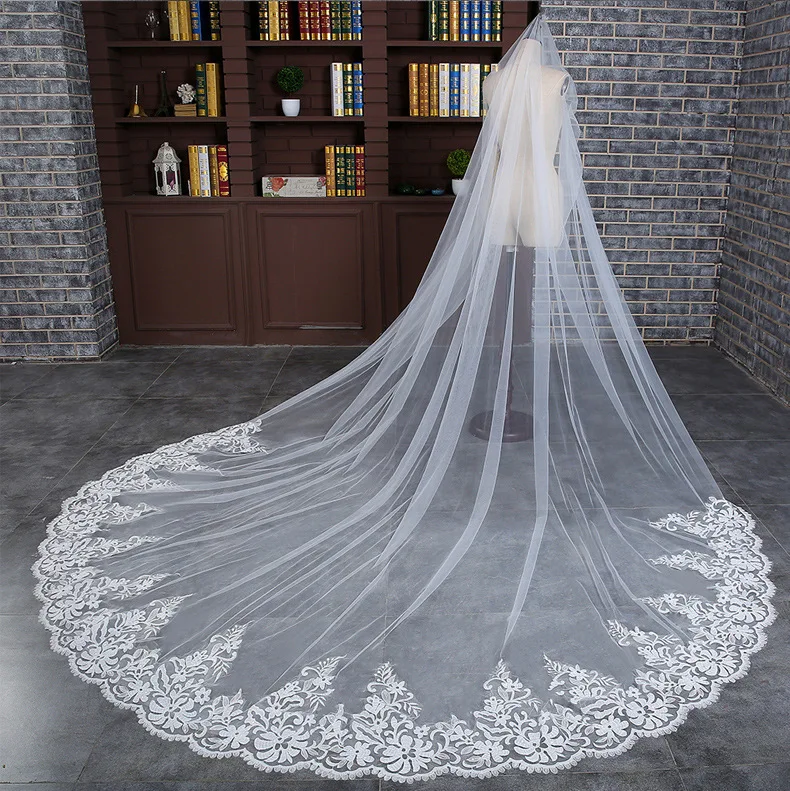  Wholesale 3 4 5 Meters cheap price two-tier embroidery edge white bridal veils lace wedding veil for